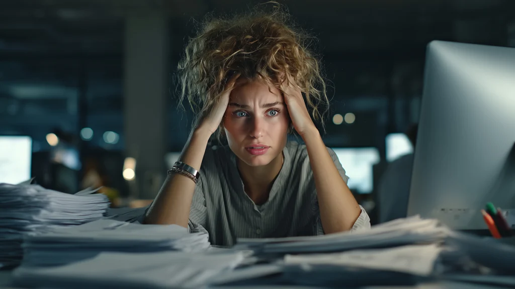 A female employee looks frustrated with unfinished office work.